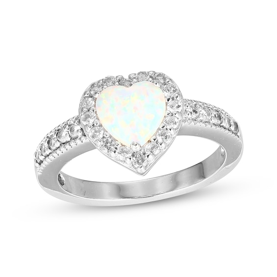 Heart-Shaped Lab-Created Opal & White Lab-Created Sapphire Ring Sterling Silver