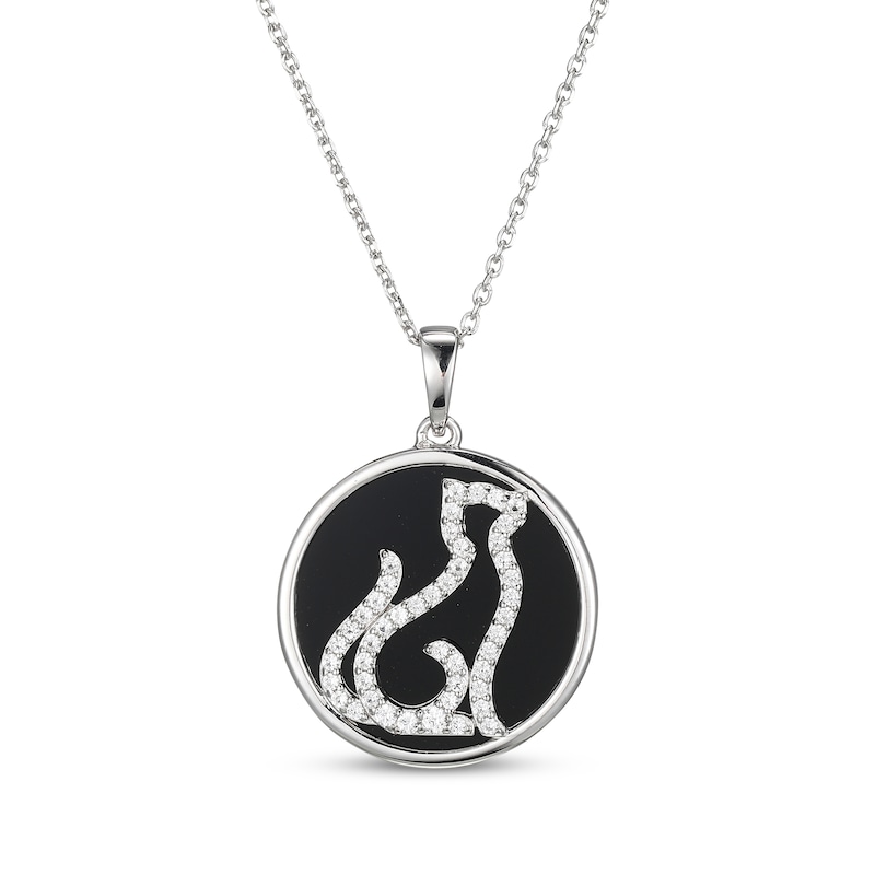 Main Image 1 of Black Agate & White Lab-Created Sapphire Cat Necklace Sterling Silver 18"