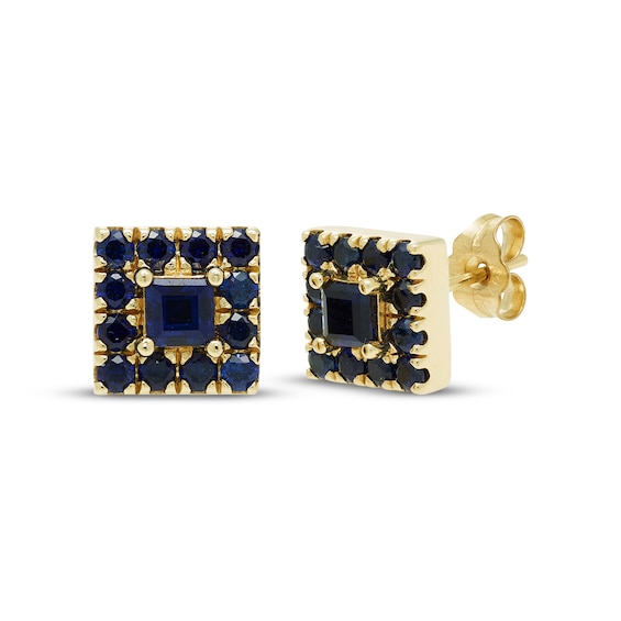 Square & Round-Cut Natural Blue Sapphire Stud Earrings 10K Yellow Gold