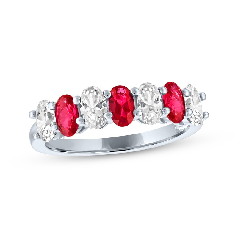 Main Image 1 of Oval-Cut Lab-Created Ruby & White Lab-Created Sapphire Alternating Ring Sterling Silver