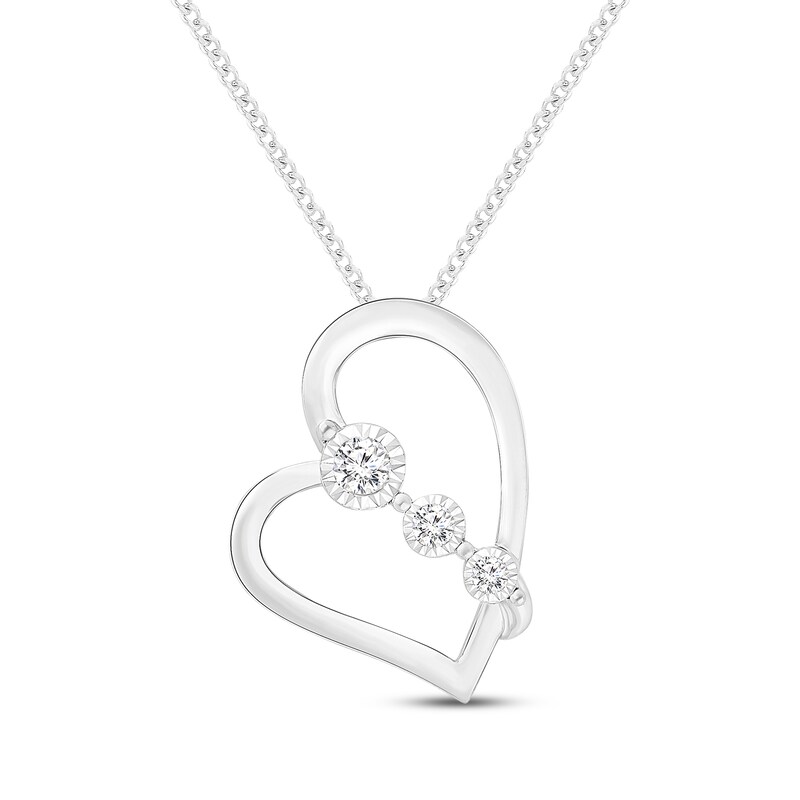 Main Image 1 of Diamond Three-Stone Tilted Heart Necklace 1/8 ct tw Sterling Silver 19"