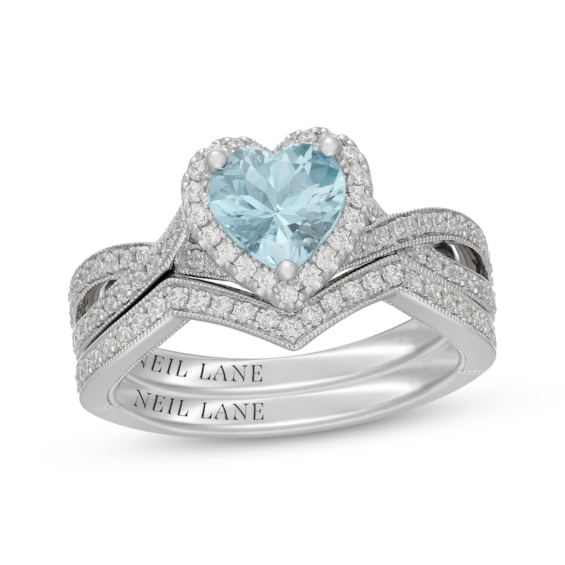 Main Image 1 of Neil Lane Heart-Shaped Aquamarine & Diamond Halo Bridal Set 1/2 ct tw 14K White Gold