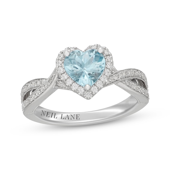 Neil Lane Heart-Shaped Aquamarine & Diamond Halo Engagement Ring 3/8 ct tw 14K White Gold