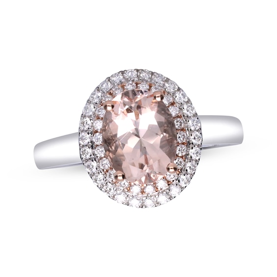 Oval-Cut Morganite & Diamond Double Halo Ring 1/3 ct tw 10K White Gold