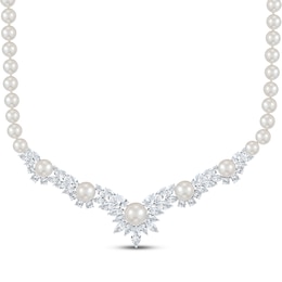Cultured Pearl & White Lab-Created Sapphire Chevron Necklace Sterling Silver 18"