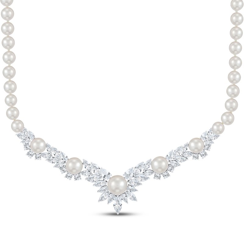 Main Image 1 of Cultured Pearl & White Lab-Created Sapphire Chevron Necklace Sterling Silver 18"