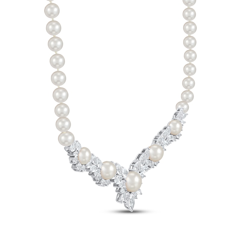 Main Image 2 of Cultured Pearl & White Lab-Created Sapphire Chevron Necklace Sterling Silver 18"