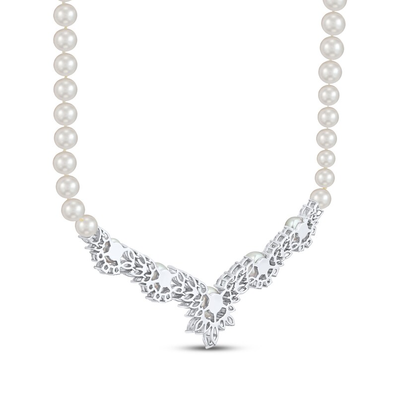 Main Image 3 of Cultured Pearl & White Lab-Created Sapphire Chevron Necklace Sterling Silver 18"