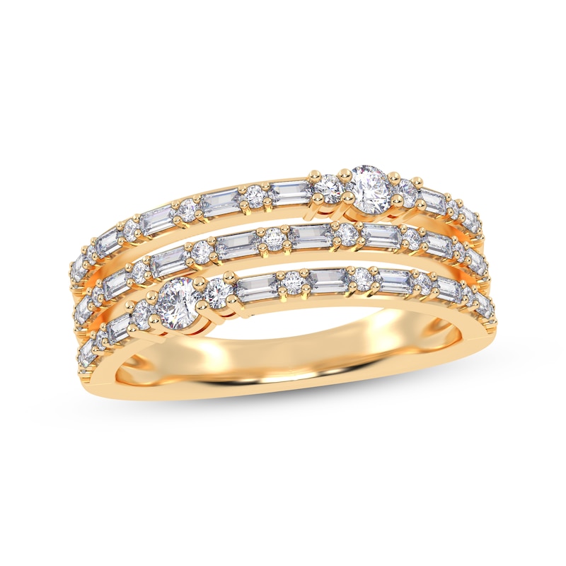 Main Image 1 of Baguette & Round-Cut Diamond Three-Row Faux-Stack Ring 1/2 ct tw 14K Yellow Gold
