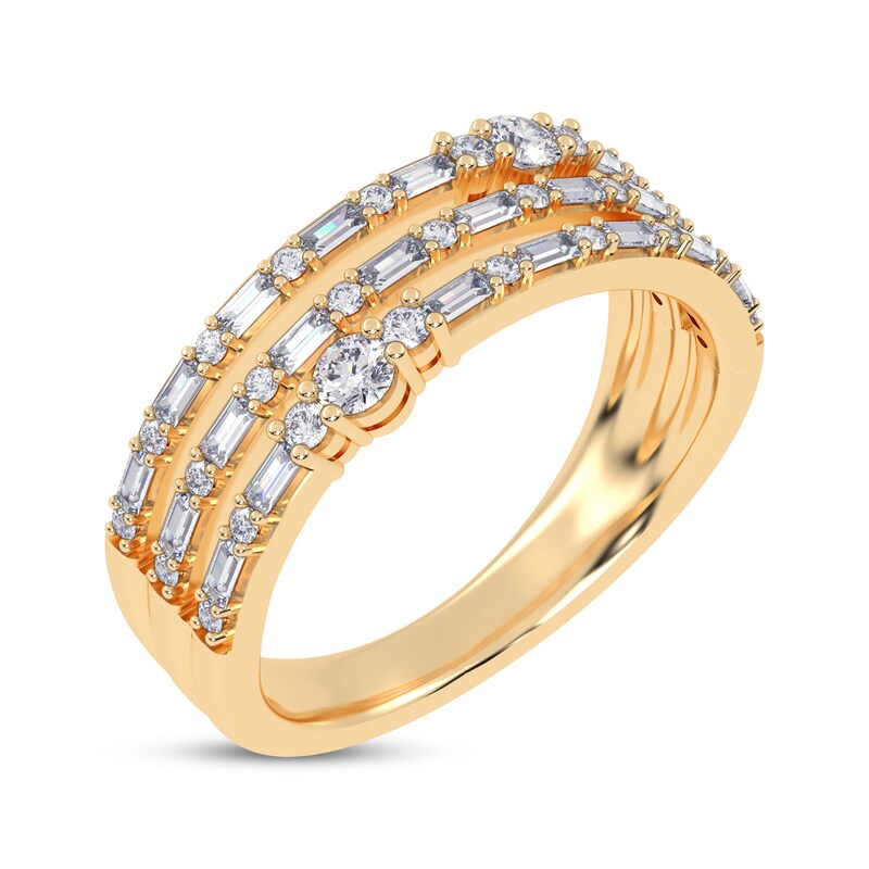 Main Image 2 of Baguette & Round-Cut Diamond Three-Row Faux-Stack Ring 1/2 ct tw 14K Yellow Gold
