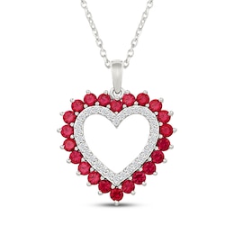 Lab-Created Ruby & White Lab-Created Sapphire Heart Outline Necklace Sterling Silver 18"