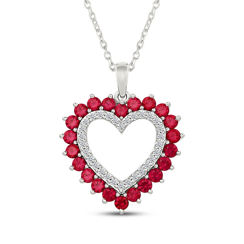 Main Image 1 of Lab-Created Ruby & White Lab-Created Sapphire Heart Outline Necklace Sterling Silver 18"