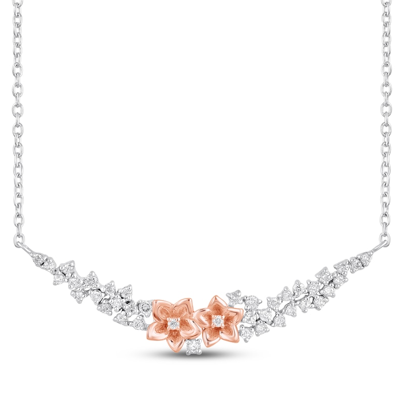 Main Image 1 of Diamond Flower Curved Bar Necklace 1/5 ct tw Sterling Silver & 10K Rose Gold 18"