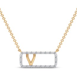 Diamond V Initial Rectangle Necklace 1/10 ct tw 10K Yellow Gold 18"