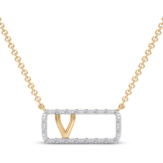 Diamond V Initial Rectangle Necklace 1/10 ct tw 10K Yellow Gold 18"