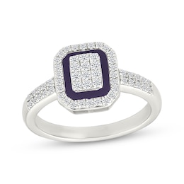 Multi-Diamond & Purple Enamel Octagon Frame Fashion Ring 1/3 ct tw Sterling Silver