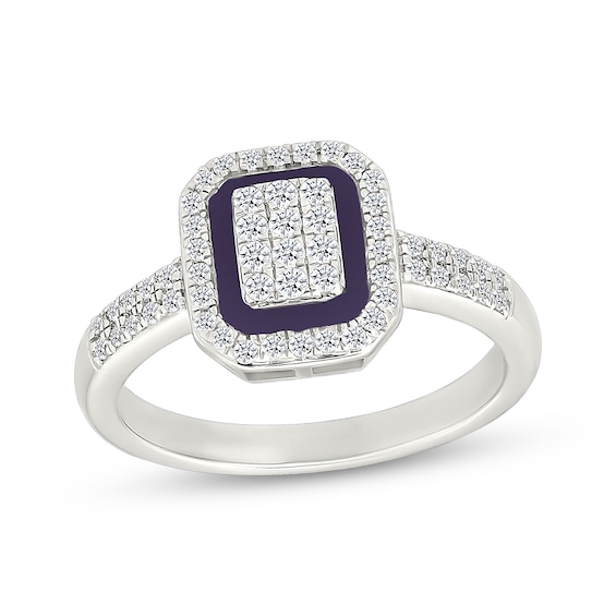 Multi-Diamond & Purple Enamel Octagon Frame Fashion Ring 1/3 ct tw Sterling Silver