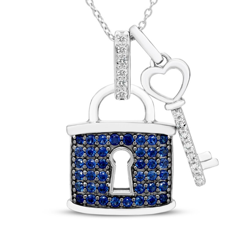 Main Image 1 of Blue & White Lab-Created Sapphire Lock & Key Charm Necklace Sterling Silver 18"
