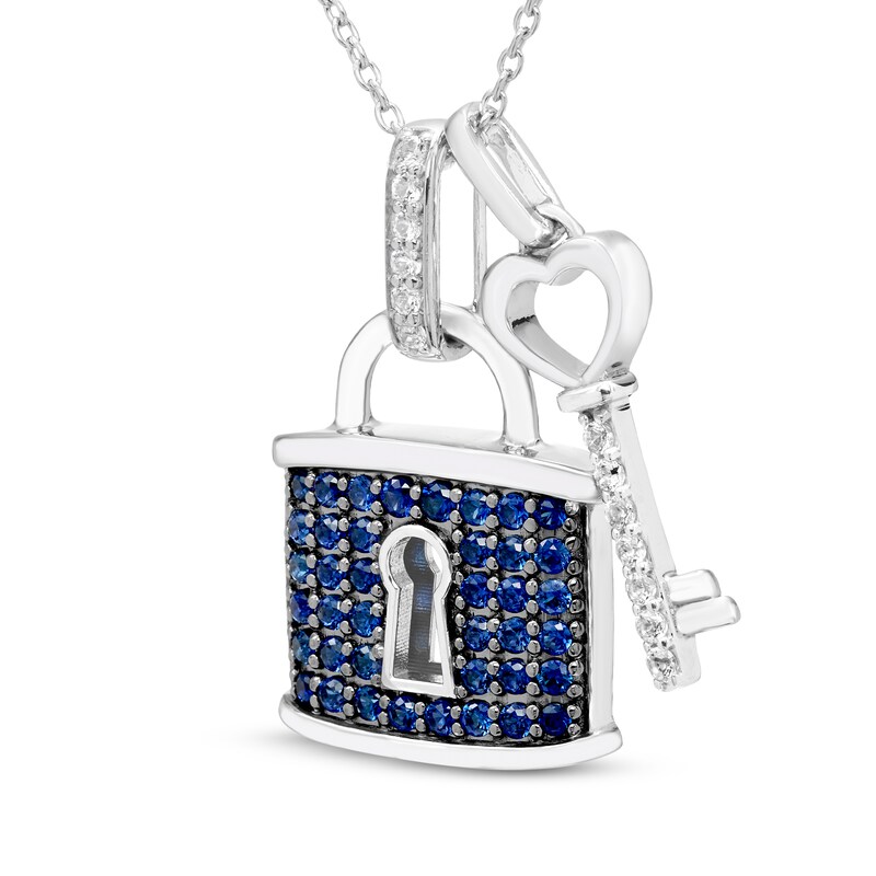 Main Image 2 of Blue & White Lab-Created Sapphire Lock & Key Charm Necklace Sterling Silver 18"