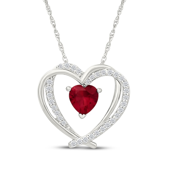 Heart-Shaped Lab-Created Ruby & White Lab-Created Sapphire Double Heart Necklace Sterling Silver 18"