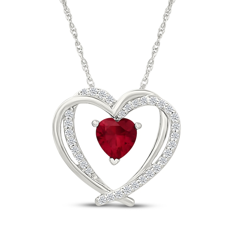 Main Image 1 of Heart-Shaped Lab-Created Ruby & White Lab-Created Sapphire Double Heart Necklace Sterling Silver 18"