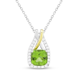 Cushion-Cut Peridot & White Lab-Created Sapphire Necklace Sterling Silver & 10K Yellow Gold 18"