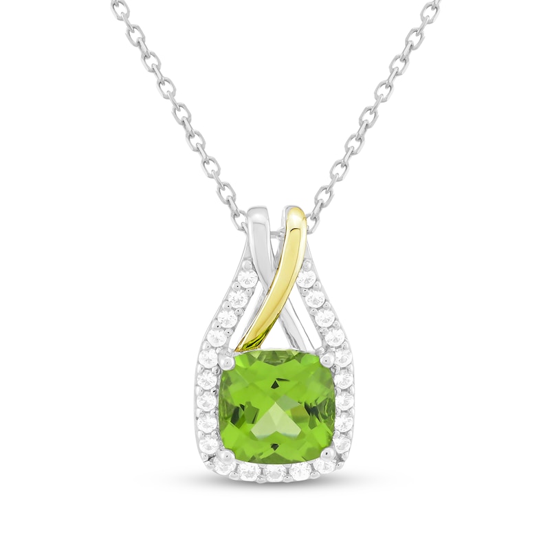 Main Image 1 of Cushion-Cut Peridot & White Lab-Created Sapphire Necklace Sterling Silver & 10K Yellow Gold 18"