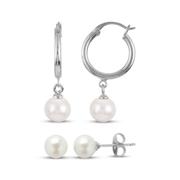 Cultured Pearl Dangle Hoop & Stud Earrings Set Sterling Silver
