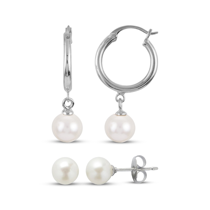 Main Image 1 of Cultured Pearl Dangle Hoop & Stud Earrings Set Sterling Silver