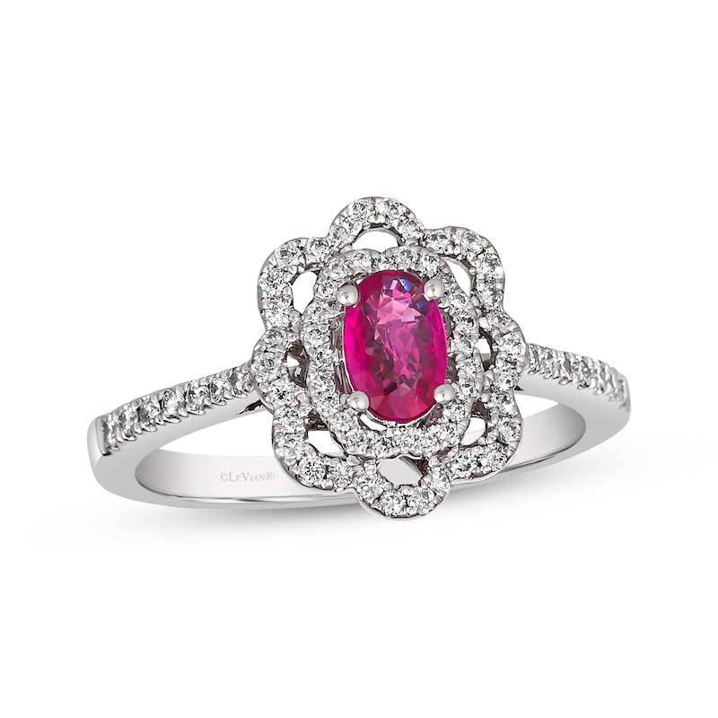 Main Image 1 of Le Vian Oval-Cut Ruby Flower Frame Ring 1/3 ct tw Diamonds Platinum