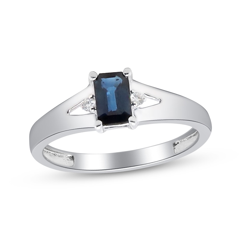 Main Image 1 of Emerald-Cut Blue Sapphire & Diamond Accent Ring 10K White Gold