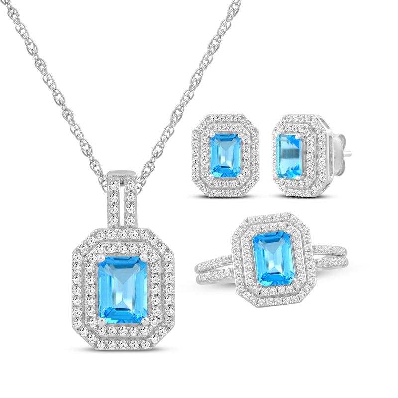 Main Image 1 of Octagon-Cut Swiss Blue Topaz & White Lab-Created Sapphire Double Halo Gift Set Sterling Silver
