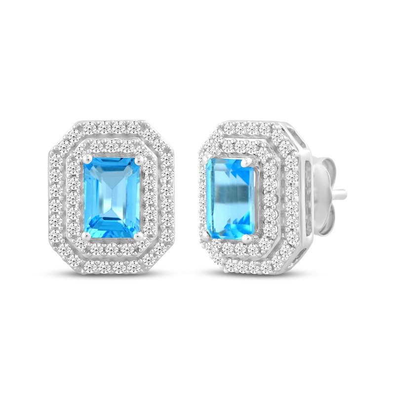 Main Image 4 of Octagon-Cut Swiss Blue Topaz & White Lab-Created Sapphire Double Halo Gift Set Sterling Silver