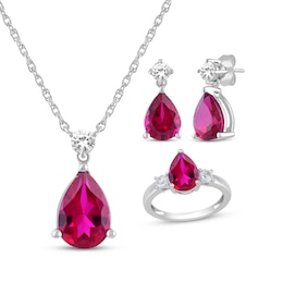 Pear-Shaped Lab-Created Ruby & White Lab-Created Sapphire Gift Set Sterling Silver