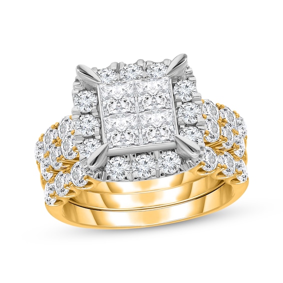 Adore Lab Grown Diamonds Princess-Cut Quad Halo Three-Piece Bridal Set 4 ct tw 14K Yellow Gold