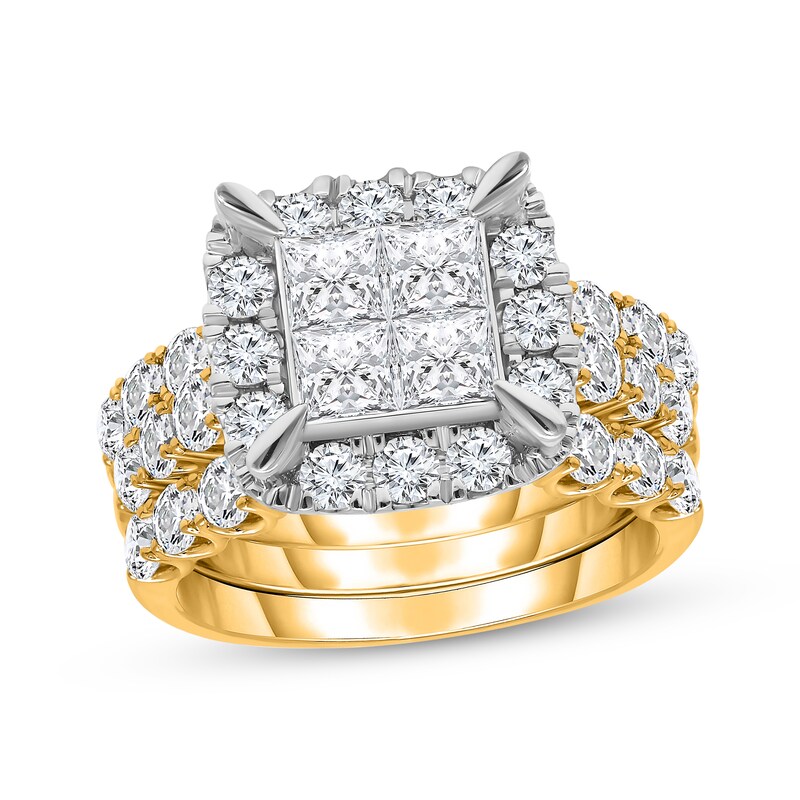 Main Image 1 of Adore Lab Grown Diamonds Princess-Cut Quad Halo Three-Piece Bridal Set 4 ct tw 14K Yellow Gold