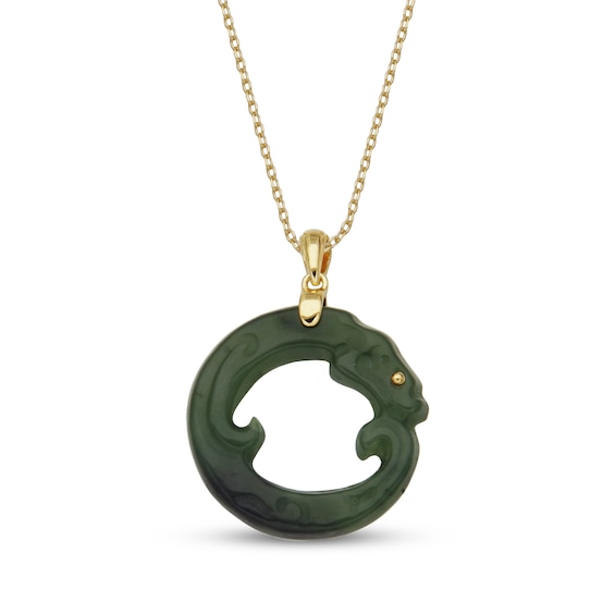 Nephrite Jade Dragon Necklace 18K Yellow Gold-Plated Sterling Silver 18"