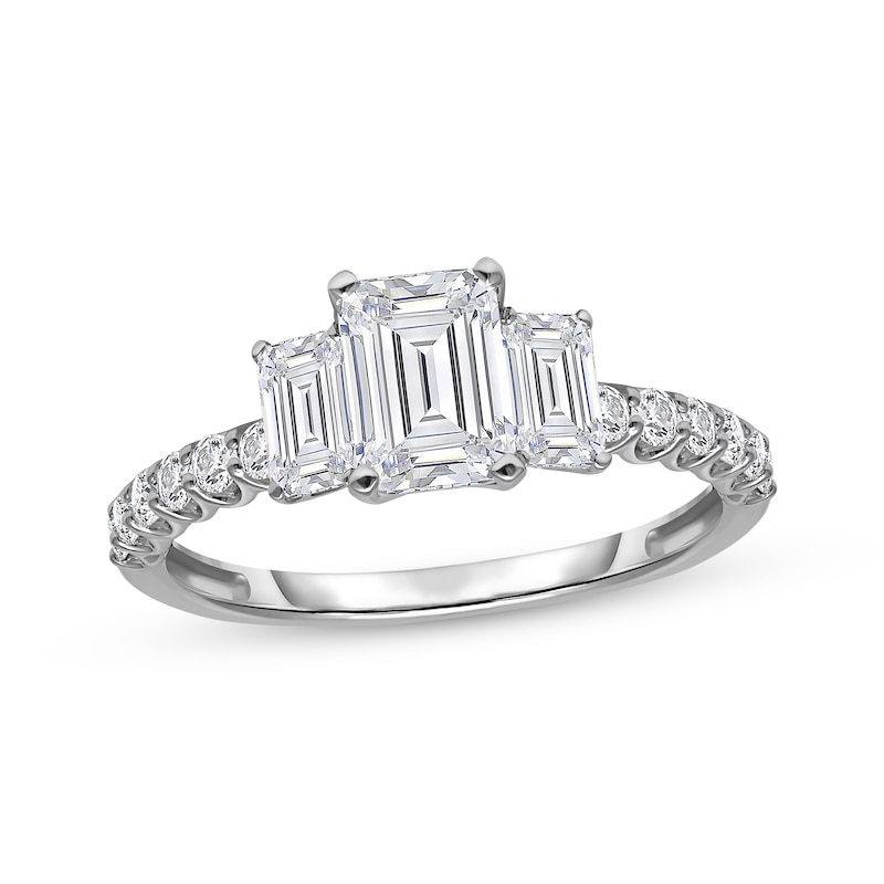 Main Image 1 of Memories Moments Magic Lab-Grown Diamond Emerald-Cut Three-Stone Engagement Ring 2 ct tw 14K White Gold