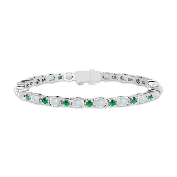 Oval-Cut Lab-Created Opal & Lab-Created Emerald Bracelet Sterling Silver 7.25"