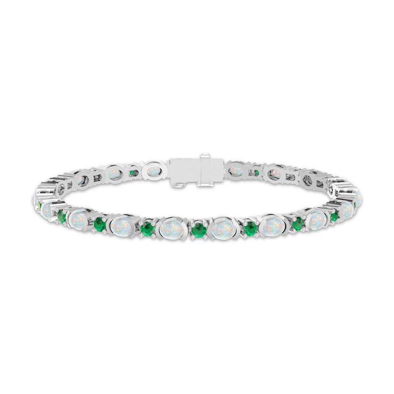 Main Image 1 of Oval-Cut Lab-Created Opal & Lab-Created Emerald Bracelet Sterling Silver 7.25"