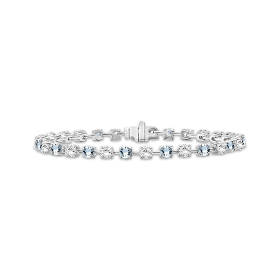 Aquamarine & White Lab-Created Sapphire Link Bracelet Sterling Silver 7.5"