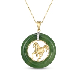 Nephrite Jade & White Lab-Created Sapphire Horse Necklace 18K Yellow Gold-Plated Sterling Silver 18"