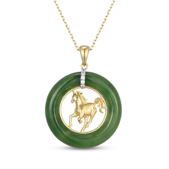Nephrite Jade & White Lab-Created Sapphire Horse Necklace 18K Yellow Gold-Plated Sterling Silver 18"