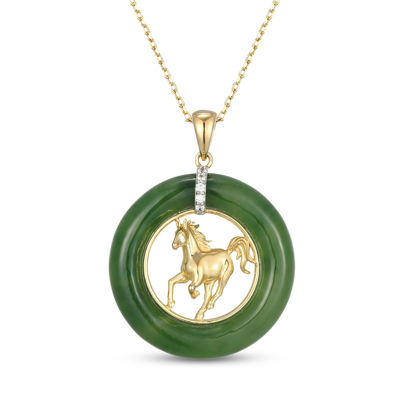Main Image 1 of Nephrite Jade & White Lab-Created Sapphire Horse Necklace 18K Yellow Gold-Plated Sterling Silver 18"