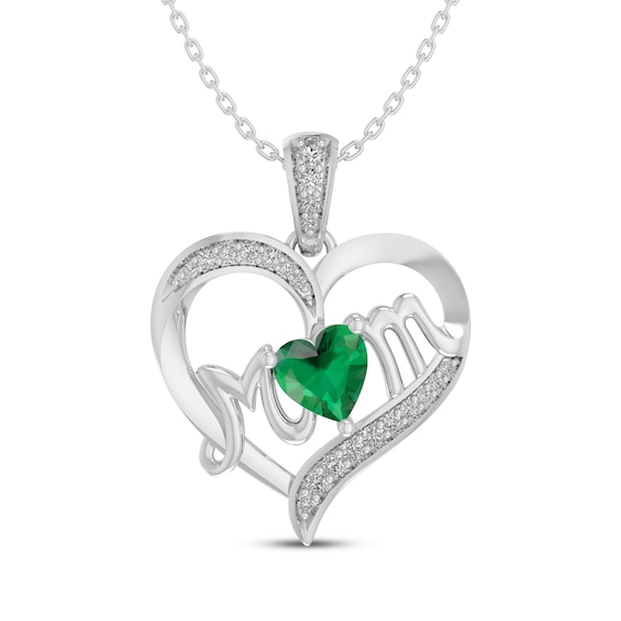 Heart-Shaped Lab-Created Emerald & White Lab-Created Sapphire "Mom" Necklace Sterling Silver 18"