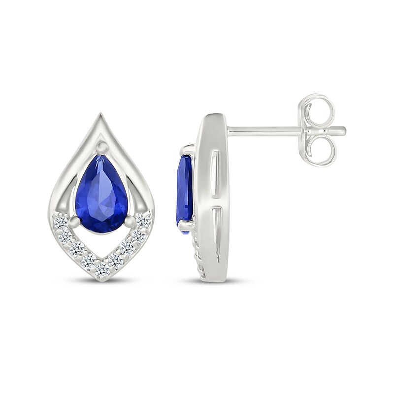Main Image 3 of Pear-Shaped Blue & White Lab-Created Sapphire Stud Earrings Sterling Silver