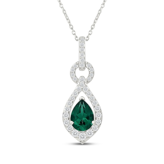 Pear-Shaped Lab-Created Emerald & White Lab-Created Sapphire Teardrop Necklace Sterling Silver 18"