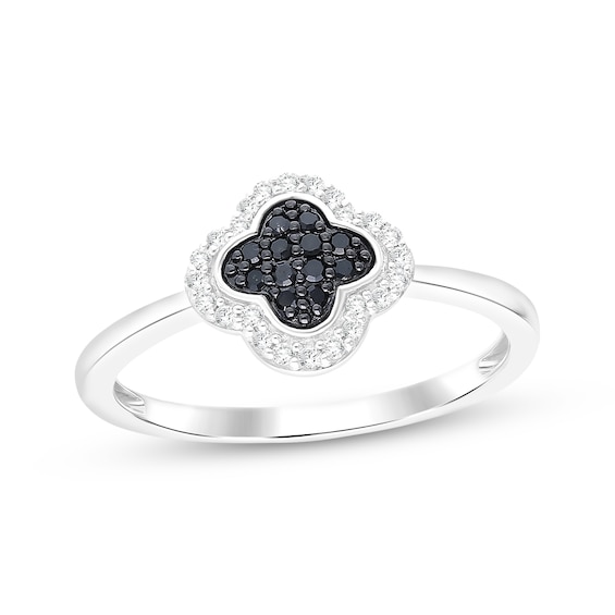 Black & White Multi-Diamond Clover Halo Ring 1/6 ct tw Sterling Silver