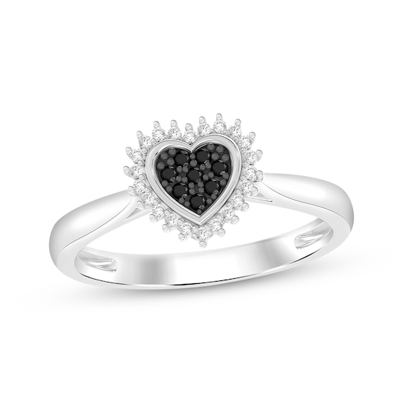 Black & White Diamond Heart Halo Ring 1/6 ct tw Sterling Silver