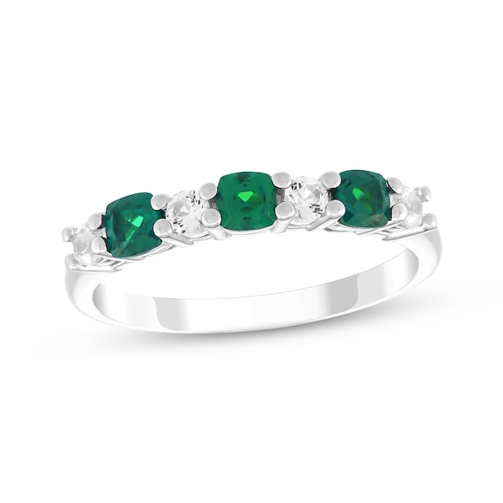 Cushion-Cut Lab-Created Emerald & Round-Cut White Lab-Created Sapphire Stackable Ring Sterling Silver